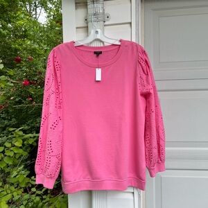 NWT Talbots Fun Pink Floral Embroidered Eyelet Sleeves 100% Cotton Sweatshirt
